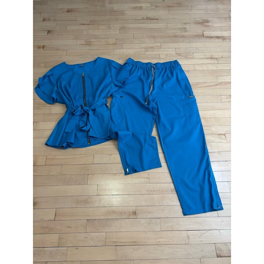 Scrub Set Women XL Blue Peplum Top Cargo Pants Healthcare Nurse Dentist Beauty